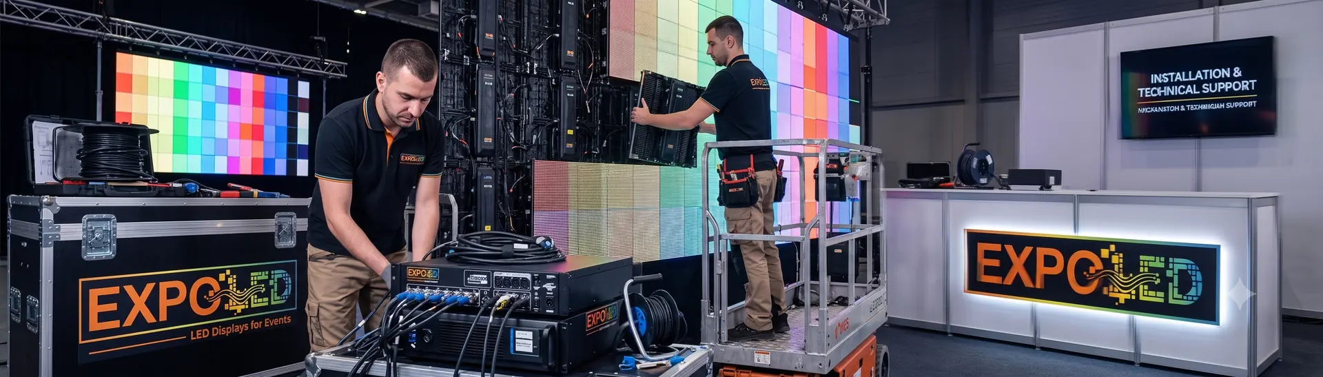 Technicians installing and configuring modular LED screens and equipment