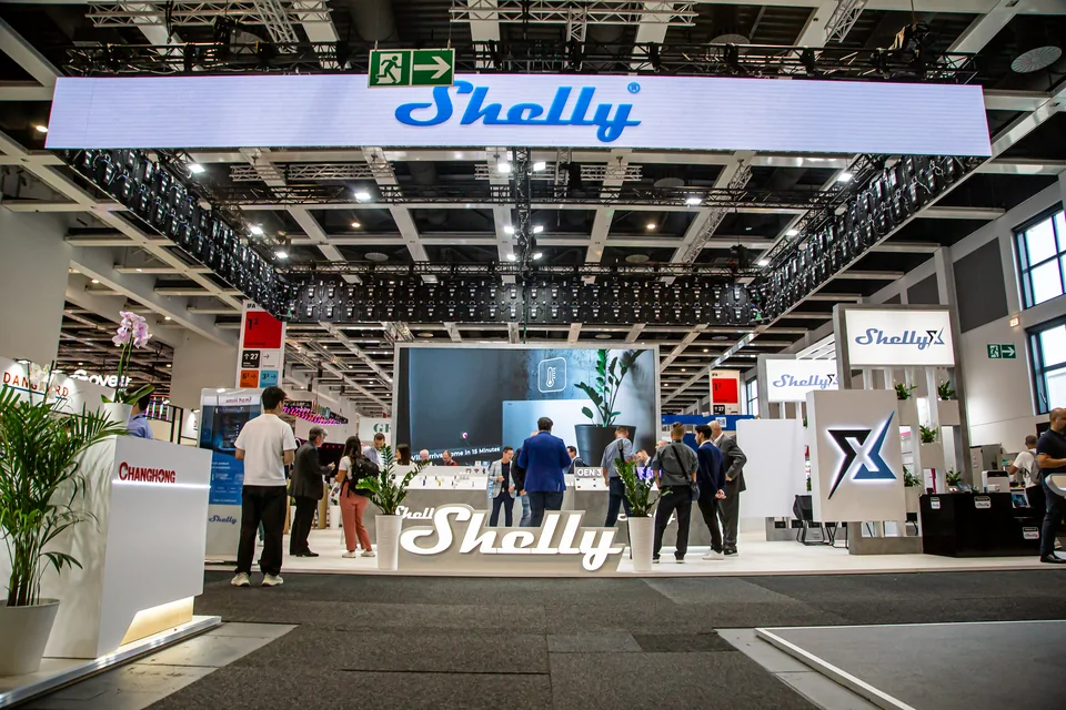 Large suspended Shelly LED banner above the IFA Berlin 2024 stand
