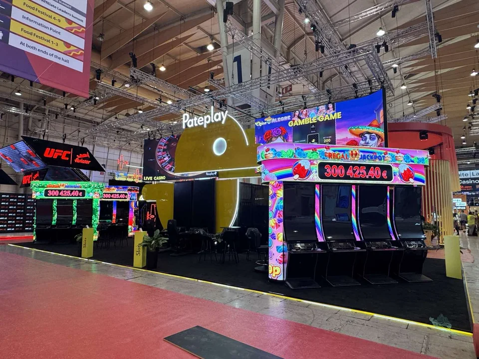 Pateplay exhibition stand with large LED displays at SBC Summit Lisbon 2025